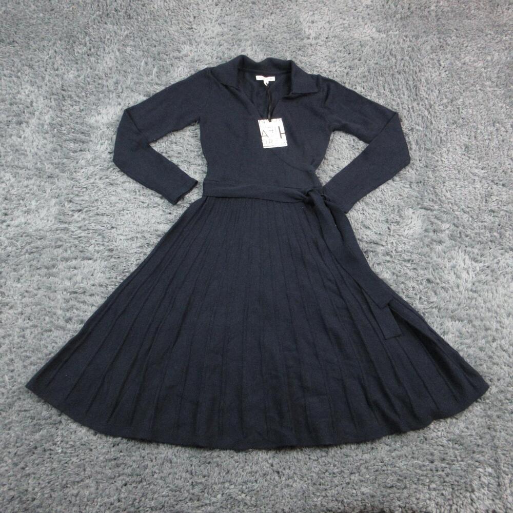 41Hawthorn Dress Womens S Blue Sweater Wrap Midi Long Sleeve Pleated Belted NWT